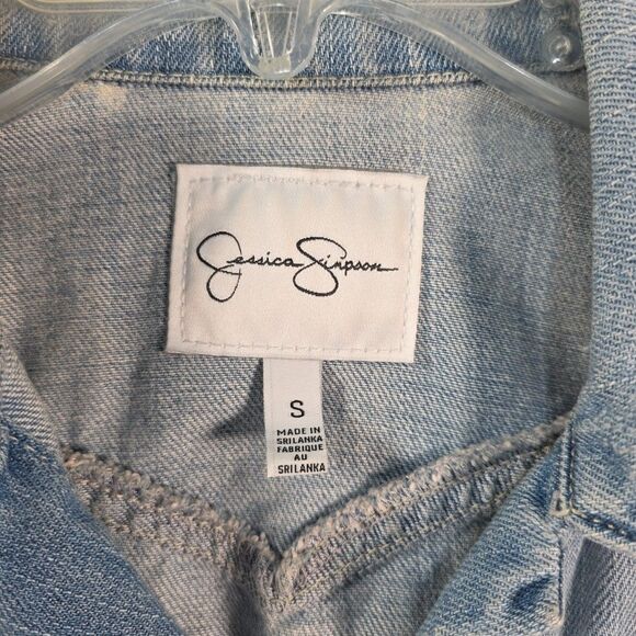 Jessica Simpson Cropped Denim Jacket Size Small Blue Distressed Pixie Fit - Picture 4 of 10